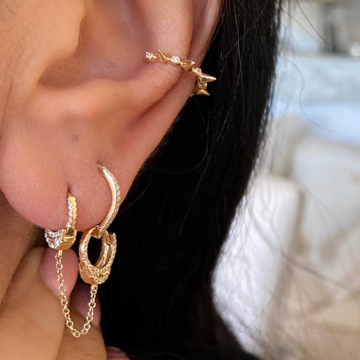 14KT Gold Diamond Spike Cuff Earrings
