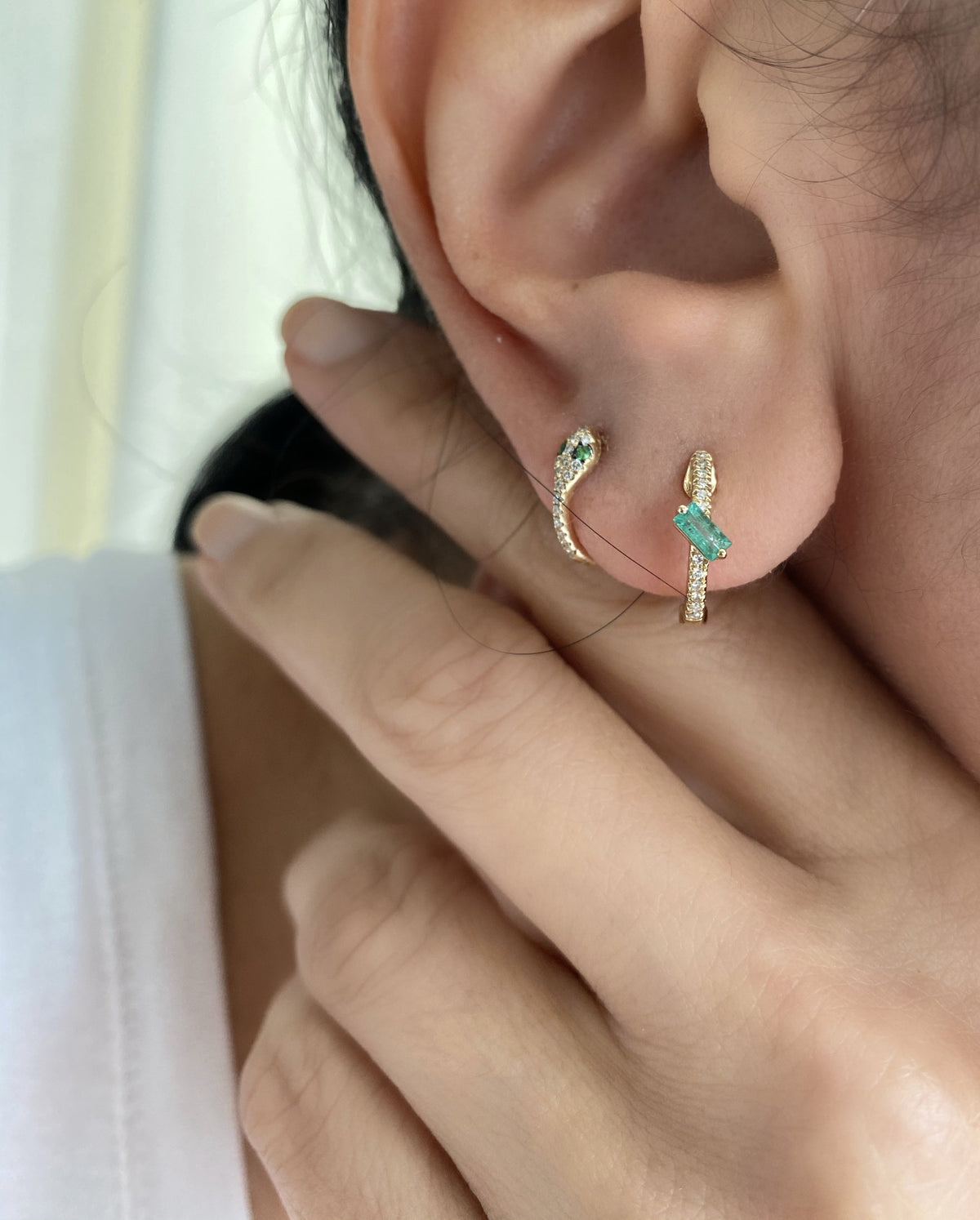 14KT Gold Diamond Priscilla Emerald Huggie Earrings