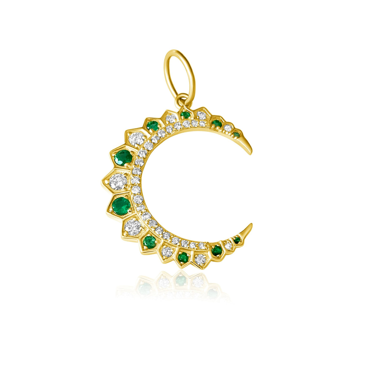 14KT Gold Diamond Turquoise / Emerald Crescent Moon Pendant Charm