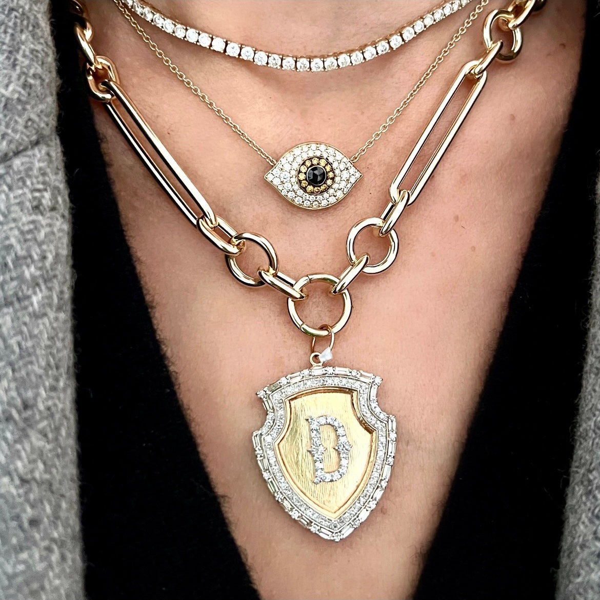 14KT Gold Diamond Large Puffy Evil Eye Necklace