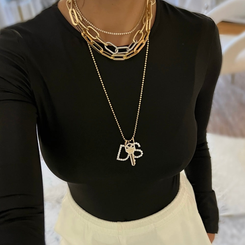 14KT Gold Black and White Diamond Large Key Pendant Charm