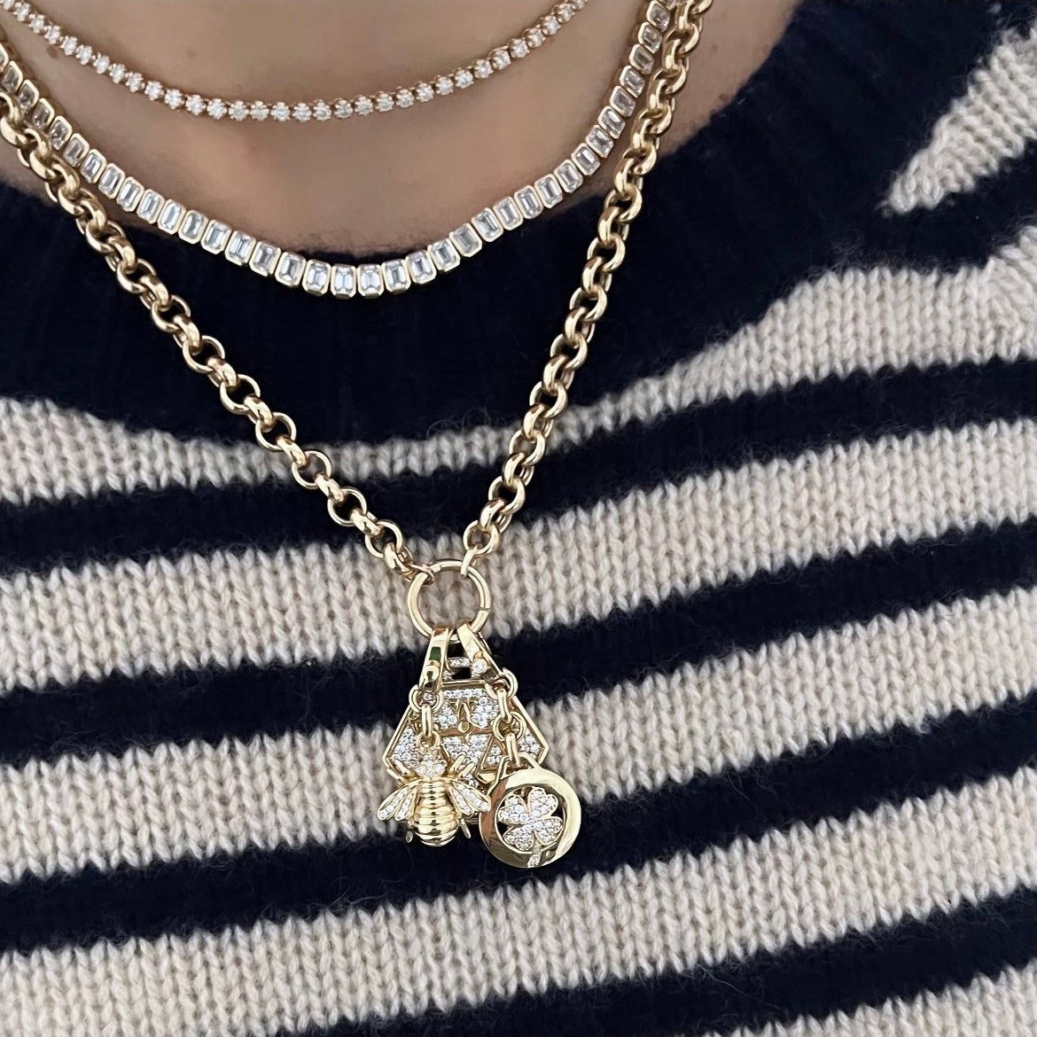 14KT Gold Diamond Clover on Enhancer Clasp Pendant Charm