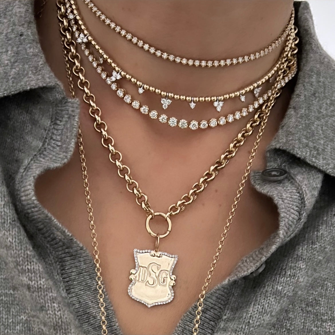 14KT Gold Diamond Bespoke Medium Custom Shield Pendant Charm