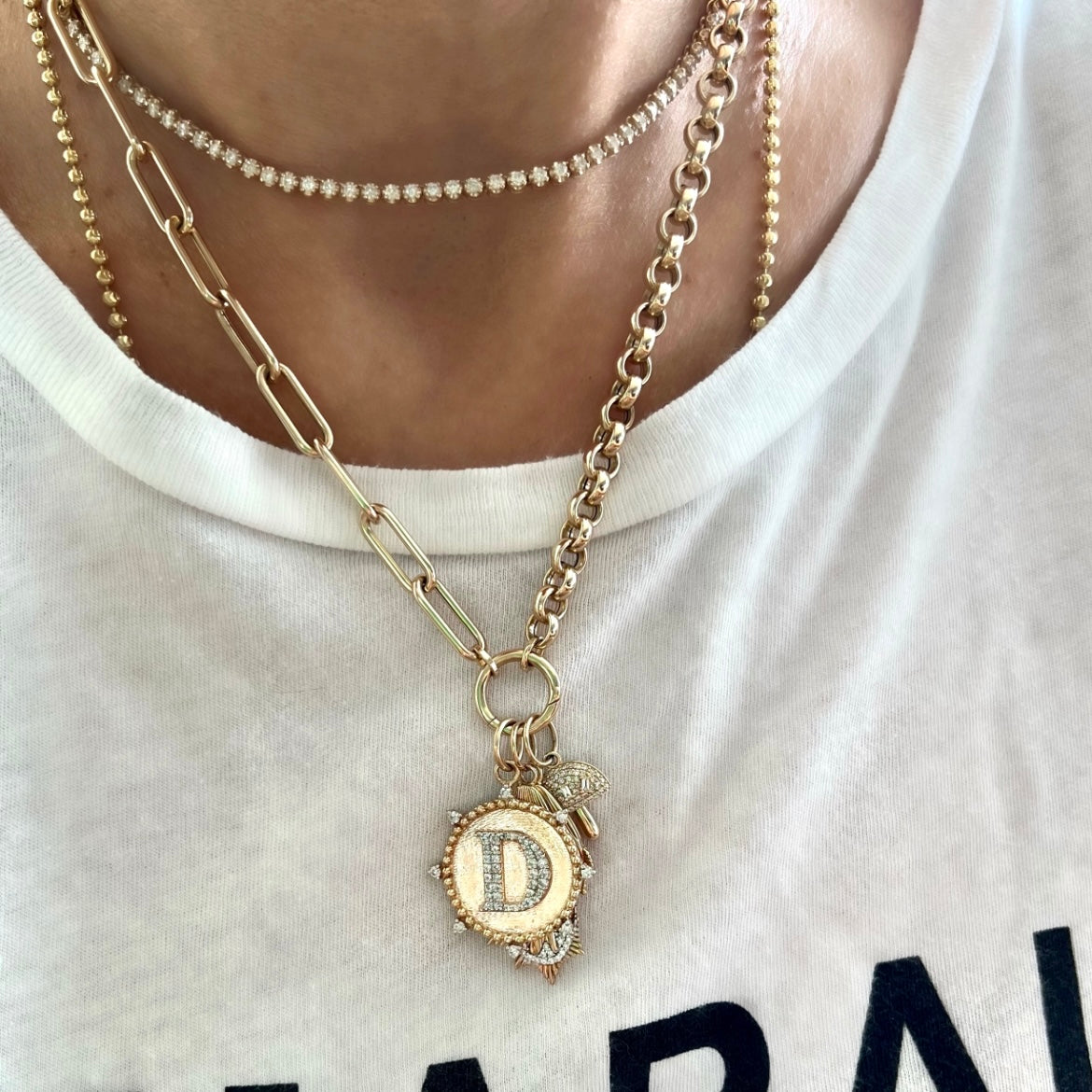 14KT Gold Diamond Bespoke Initial Disk Pendant Charm