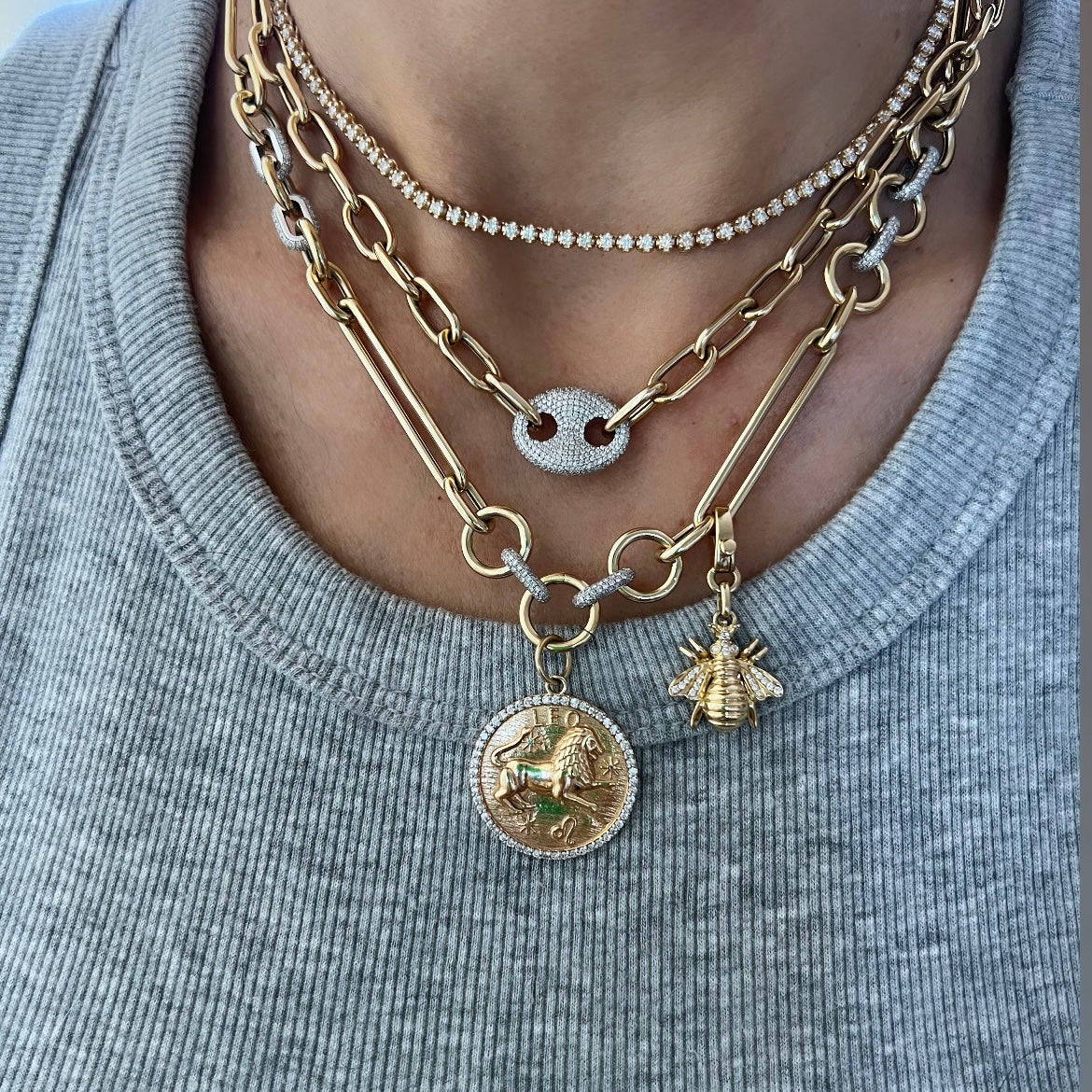 14KT Gold Jumbo Luxe Multi Link Charm Chain Necklace With Diamond