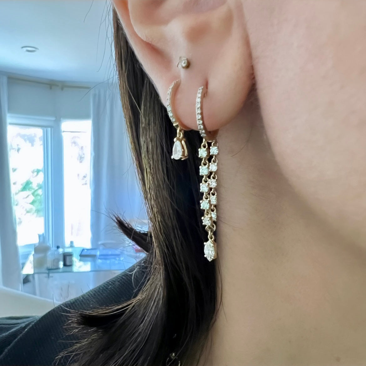 14KT Gold Diamond Seyhan Loop Earrings With Pear Drop