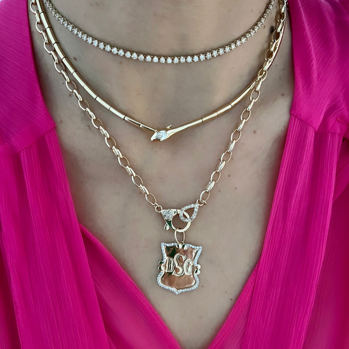 14KT Gold Diamond Bespoke Medium Custom Shield Pendant Charm