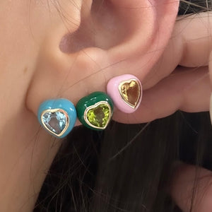 14KT Gold Gemstone and Enamel Candy Heart Stud Earrings