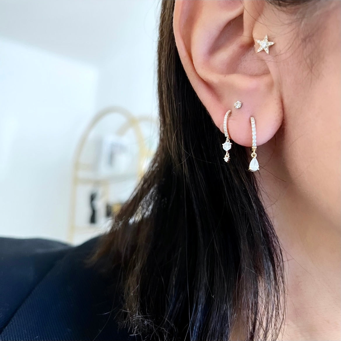 14KT Gold Two Dangling Diamonds Huggie Earrings