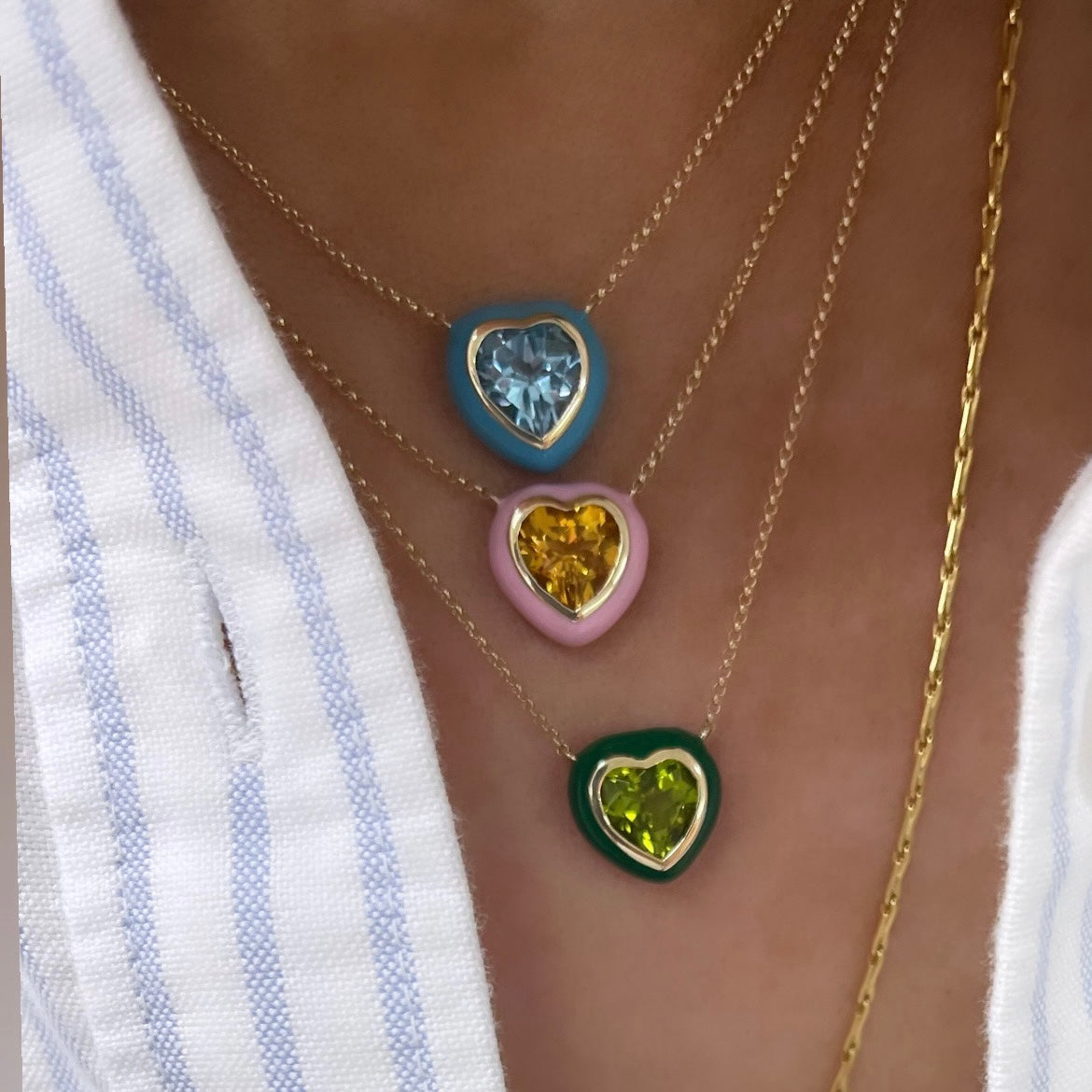 14KT Gold Gemstone and Enamel Candy Heart Necklace