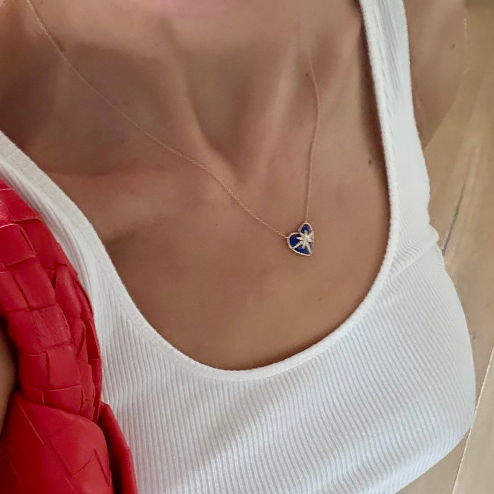 14KT Gold Diamond Lapis Heart Necklace