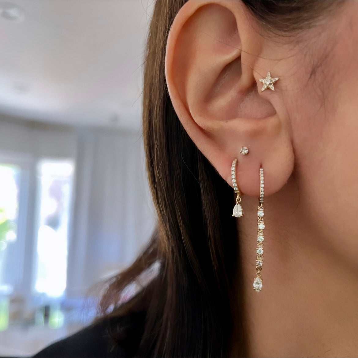 14KT Gold Diamond Seyhan Loop Earrings With Pear Drop