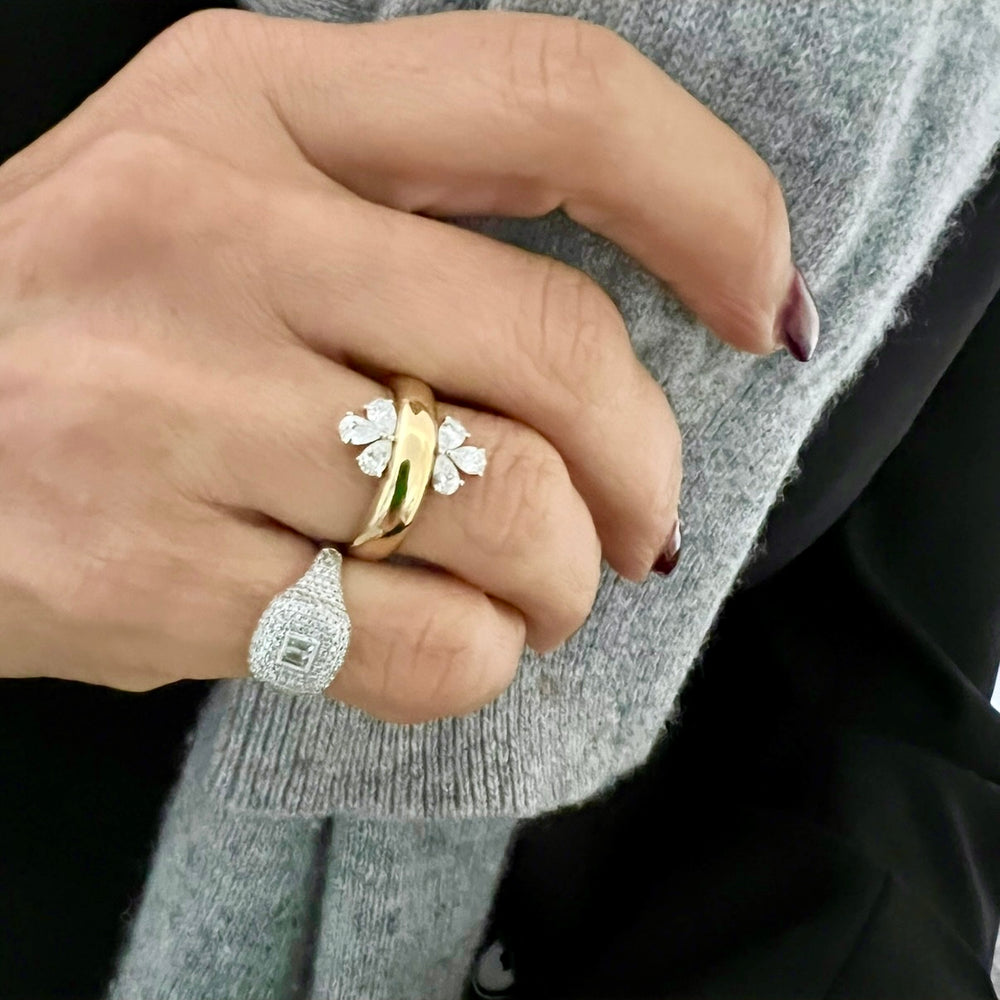 14KT Gold Pave and Baguette Diamond Cushion Pinky Ring
