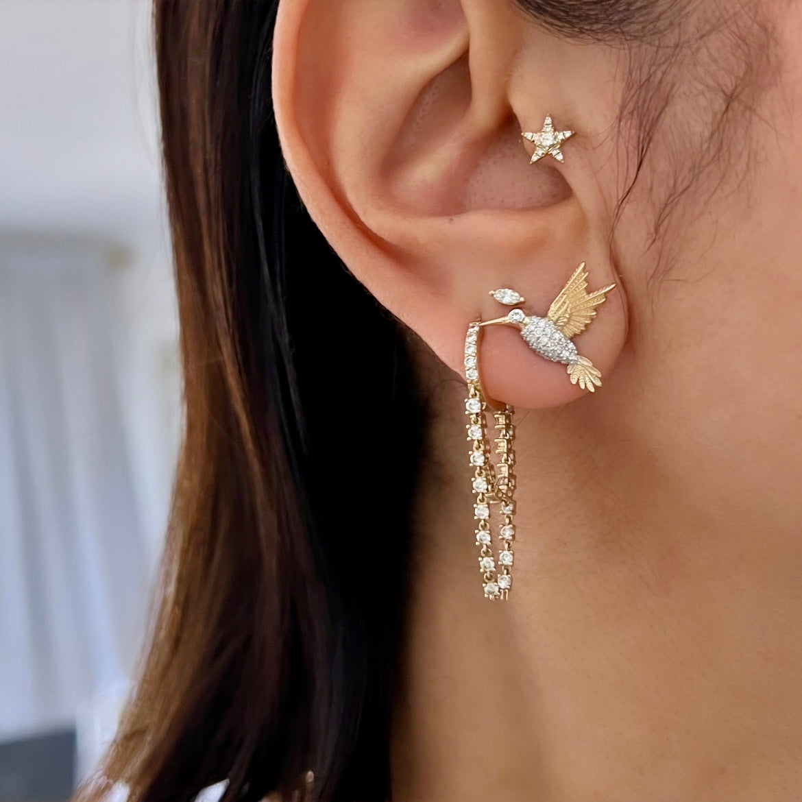 14KT Gold Diamond Hummingbird Earrings
