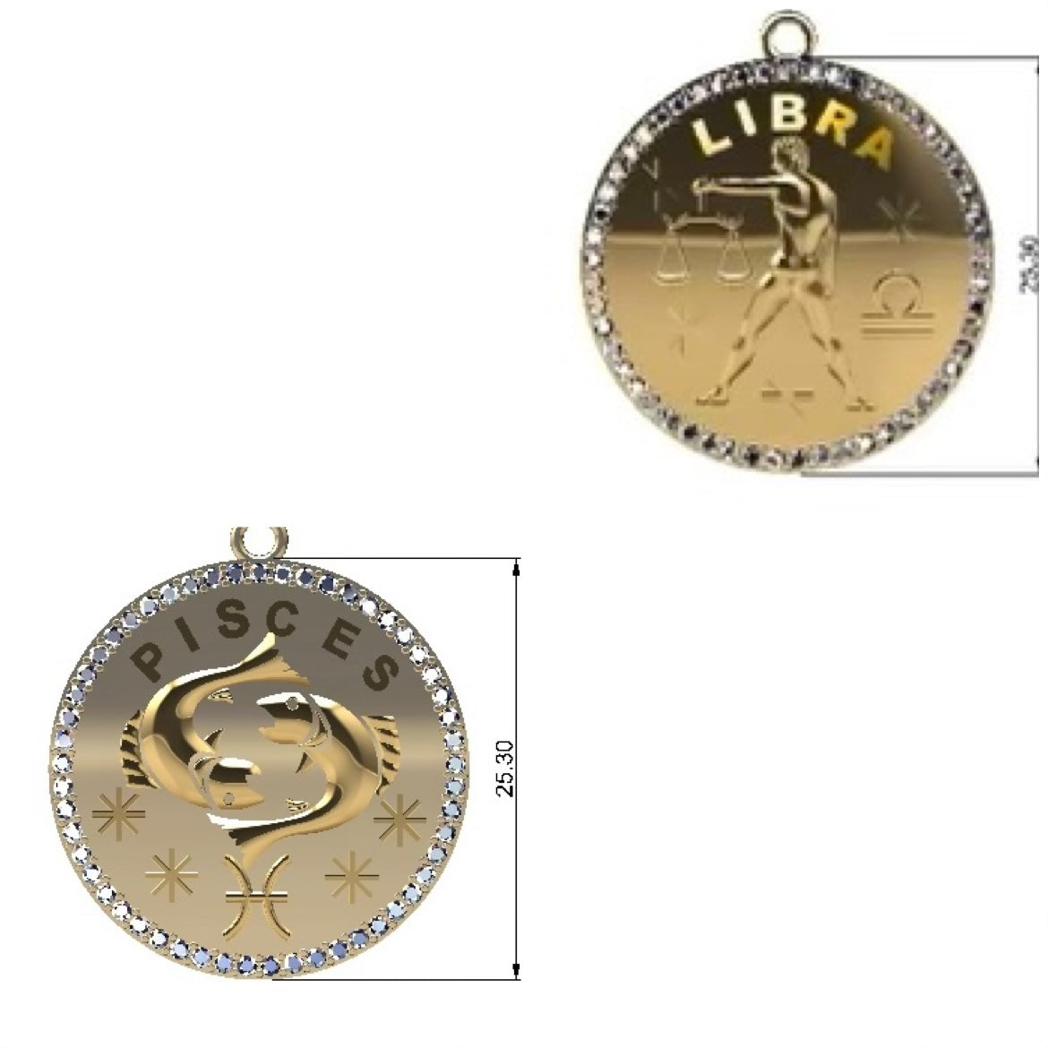 14KT Gold Diamond Bespoke Zodiac Disk Pendant Charm