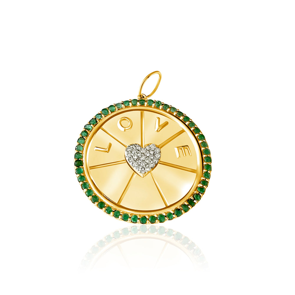 
                
                    Load image into Gallery viewer, 14KT Gold Diamond Emerald Love Disk Charm Pendant
                
            