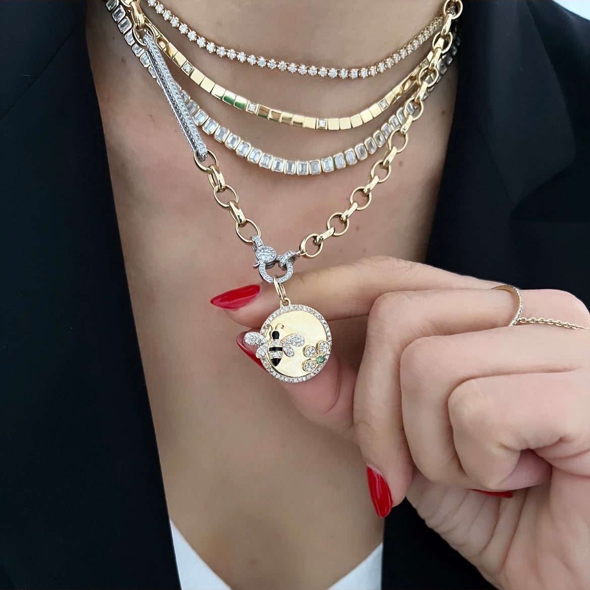 14KT Gold Diamond Bee and Daisy Disk Pendant Charm