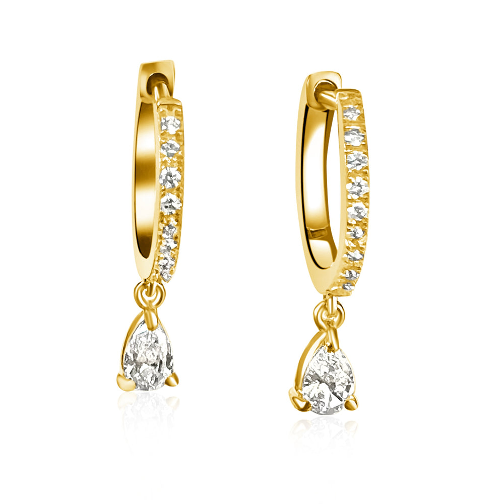 
                
                    Load image into Gallery viewer, 14KT Gold Diamond Huggie Earrings with Pear Diamond Drop
                
            