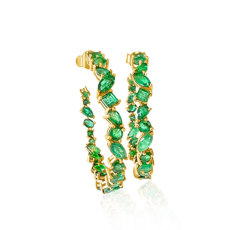 14KT Gold Multiple Shape Emerald Magnificent Hoop Earrings