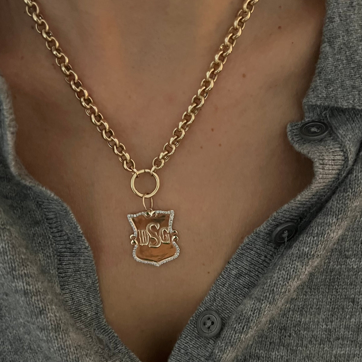 14KT Gold Diamond Bespoke Medium Custom Shield Pendant Charm