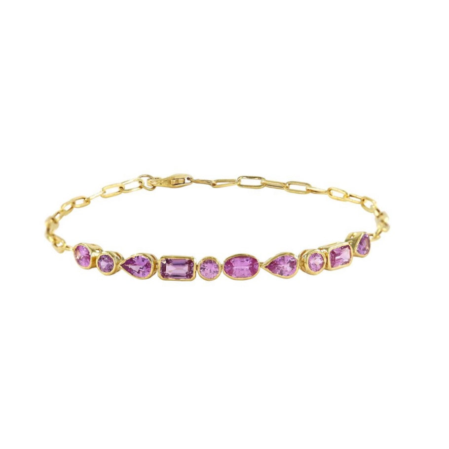 14KT Gold Mixed Matched Shaped Pink Sapphires on Chain Bracelet