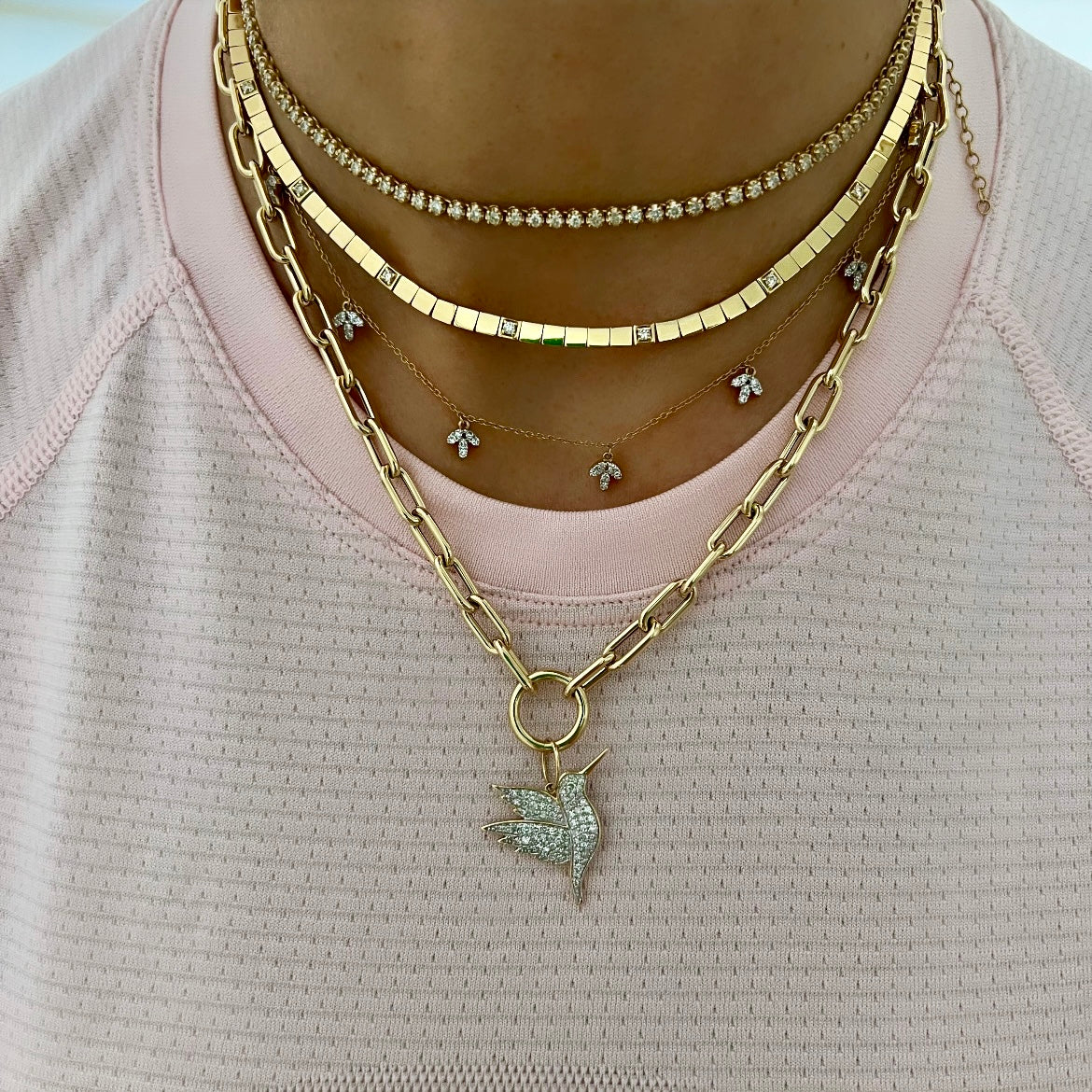 14KT Gold Diamond Small Hummingbird Pendant Charm