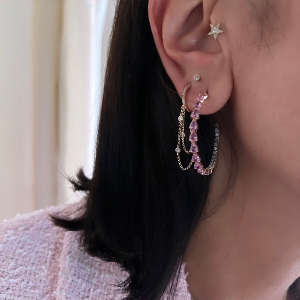 14KT Gold Diamond Pink Sapphire Hoop Earrings