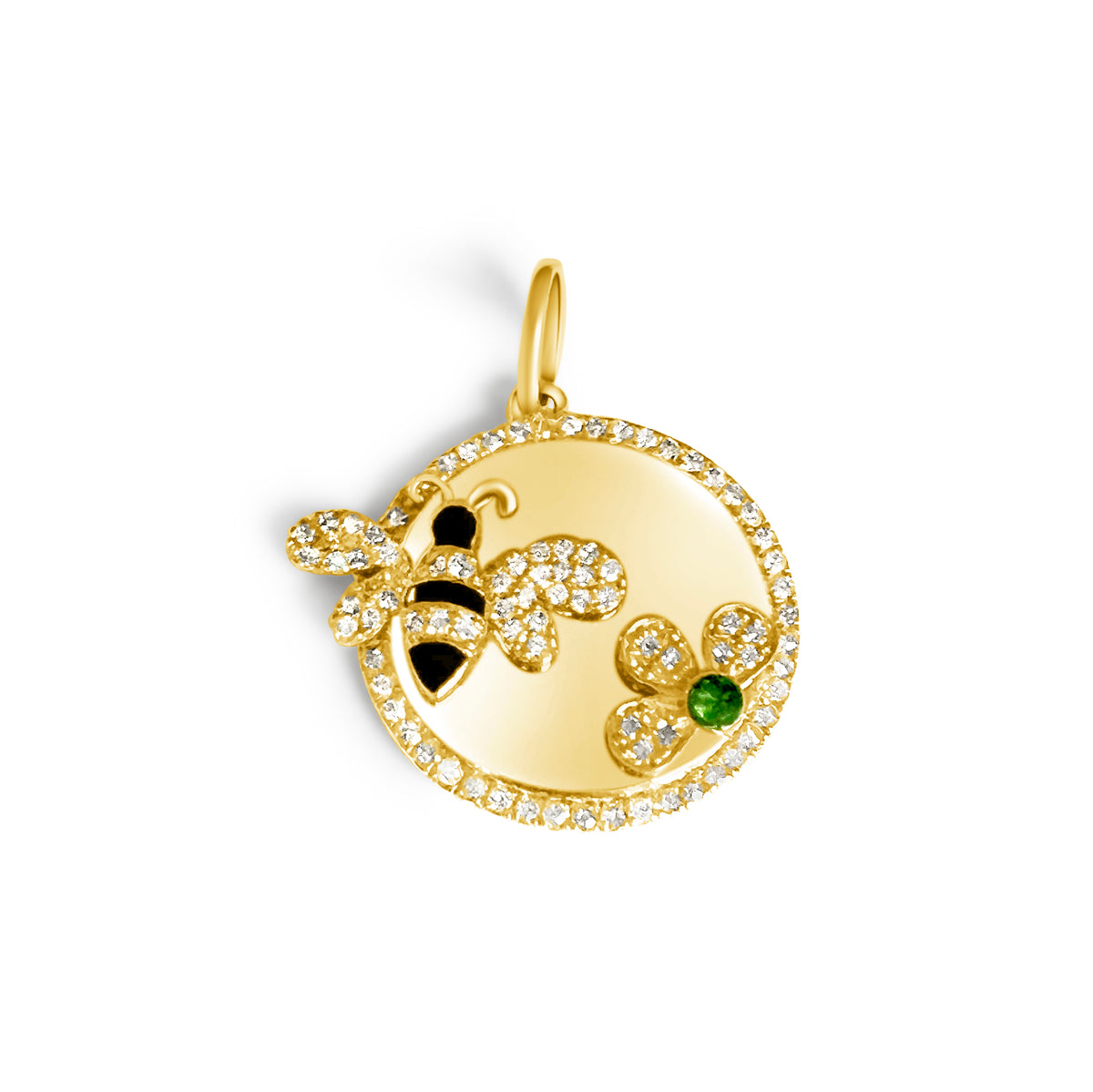 14KT Gold Diamond Bee and Daisy Disk Pendant Charm