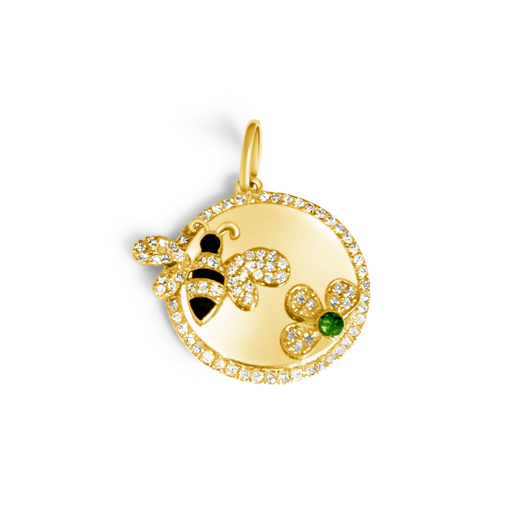 
                
                    Load image into Gallery viewer, 14KT Gold Diamond Bee and Daisy Disk Pendant Charm
                
            