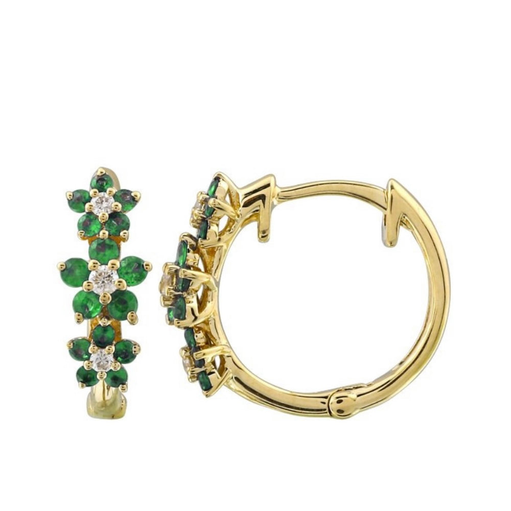 14KT Gold Diamond Emerald Flower Huggie Earrings