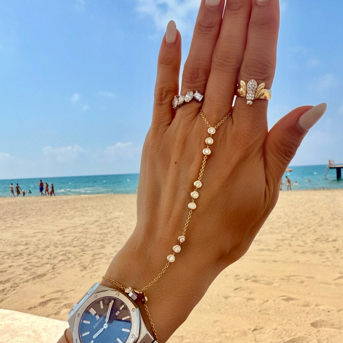 14KT Gold Bezel Cut Diamond Luxe Finger Bracelet Hand Chain