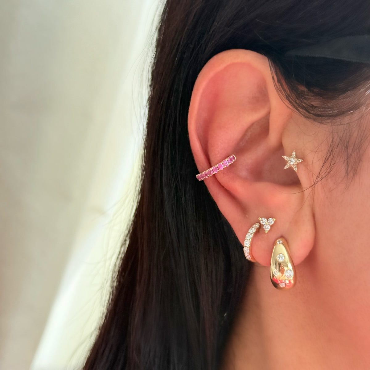 14KT Gold Full Cut Emerald / Pink Sapphire Ear Cuff Earrings