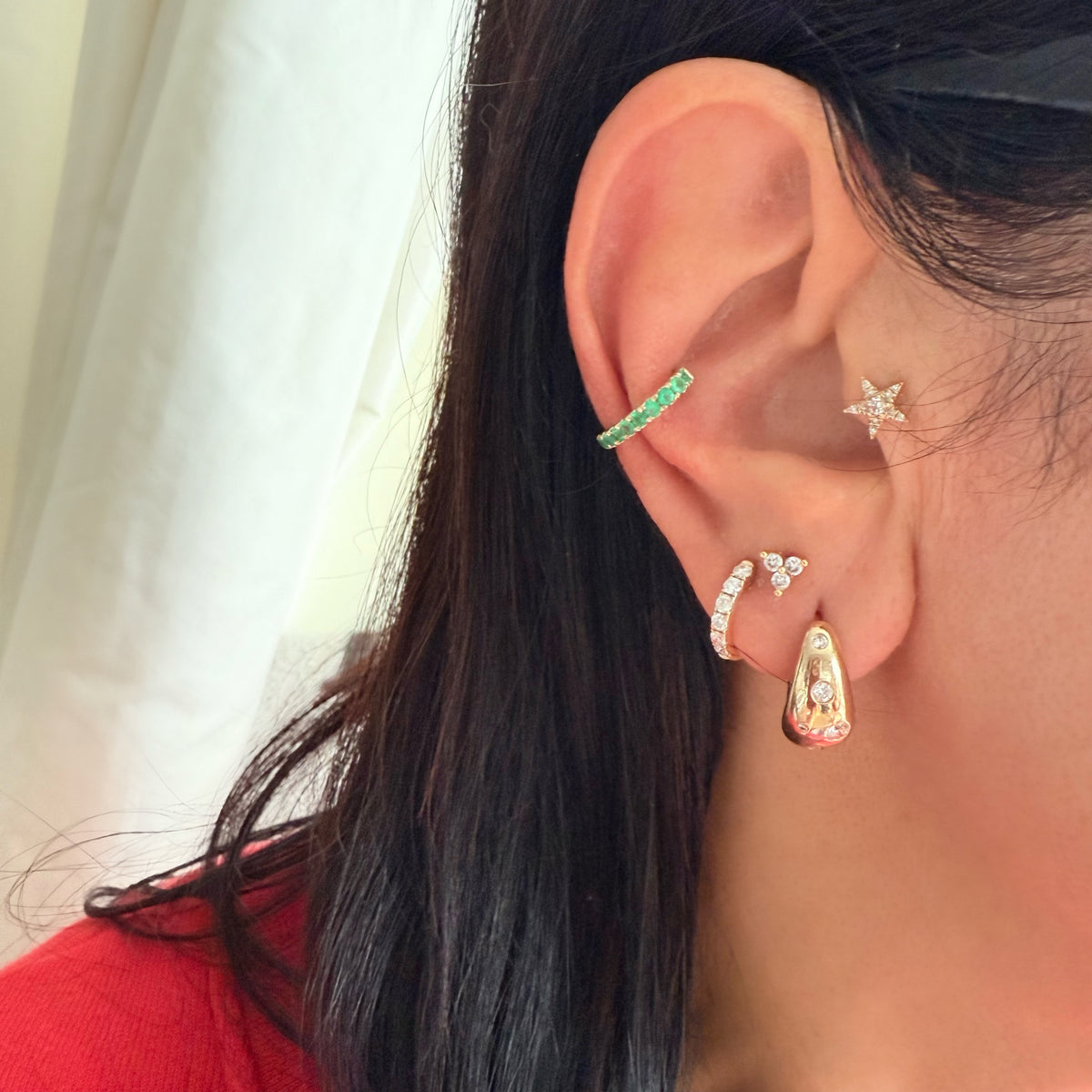 14KT Gold Full Cut Emerald / Pink Sapphire Ear Cuff Earrings