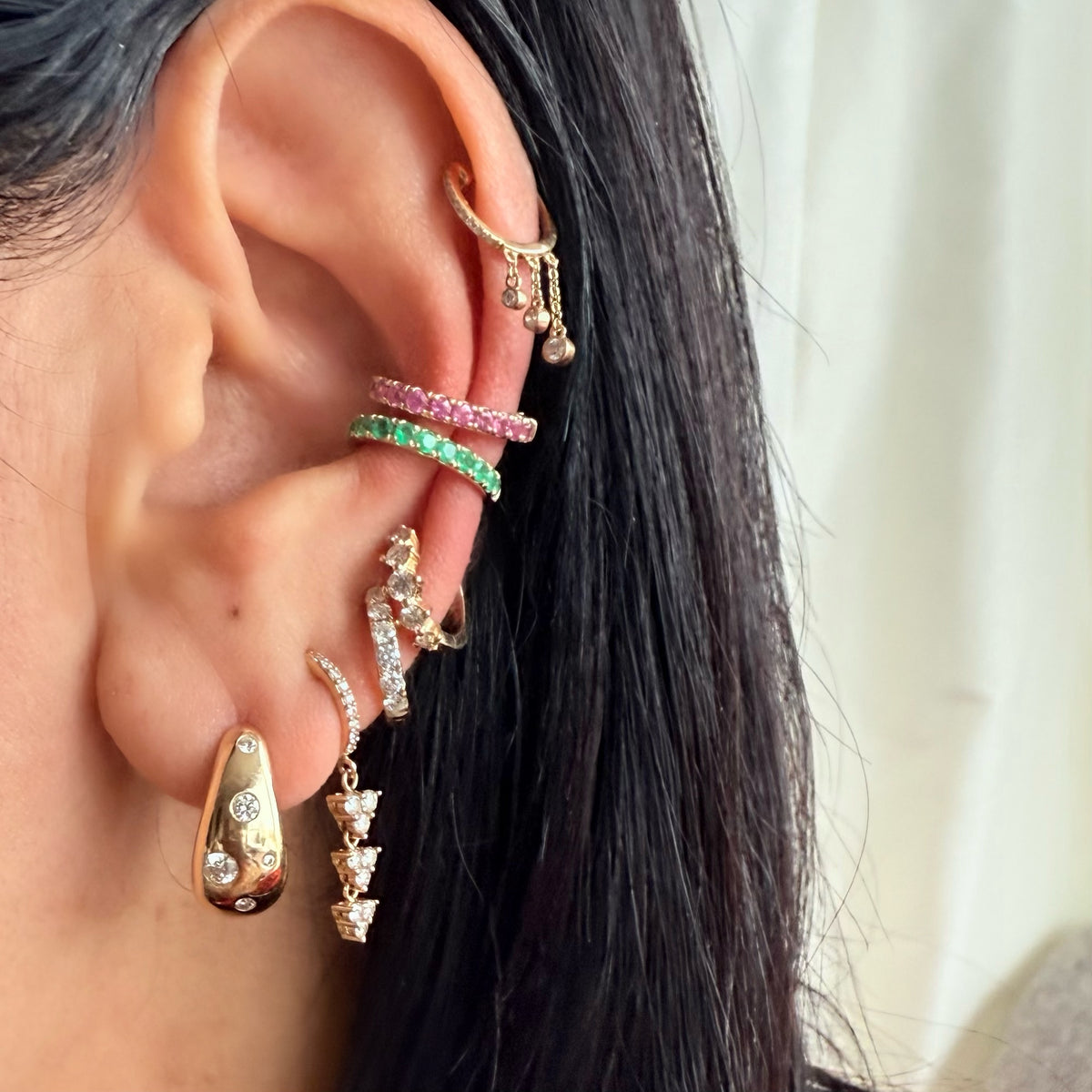 14KT Gold Full Cut Emerald / Pink Sapphire Ear Cuff Earrings