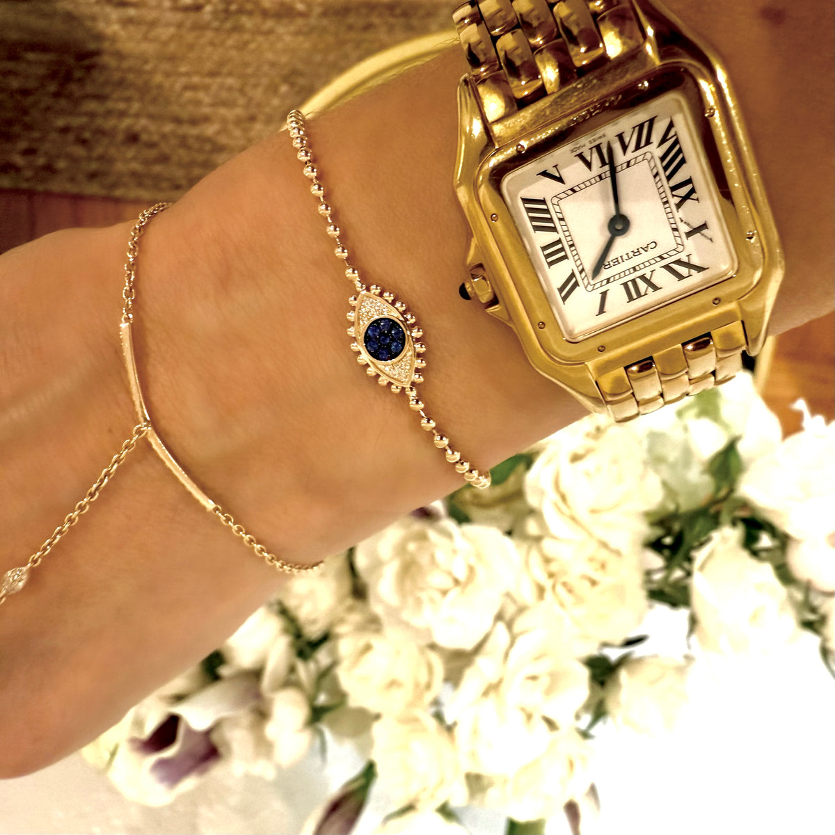 14KT Gold Diamond Evil Eye Bracelet on Ball Chain