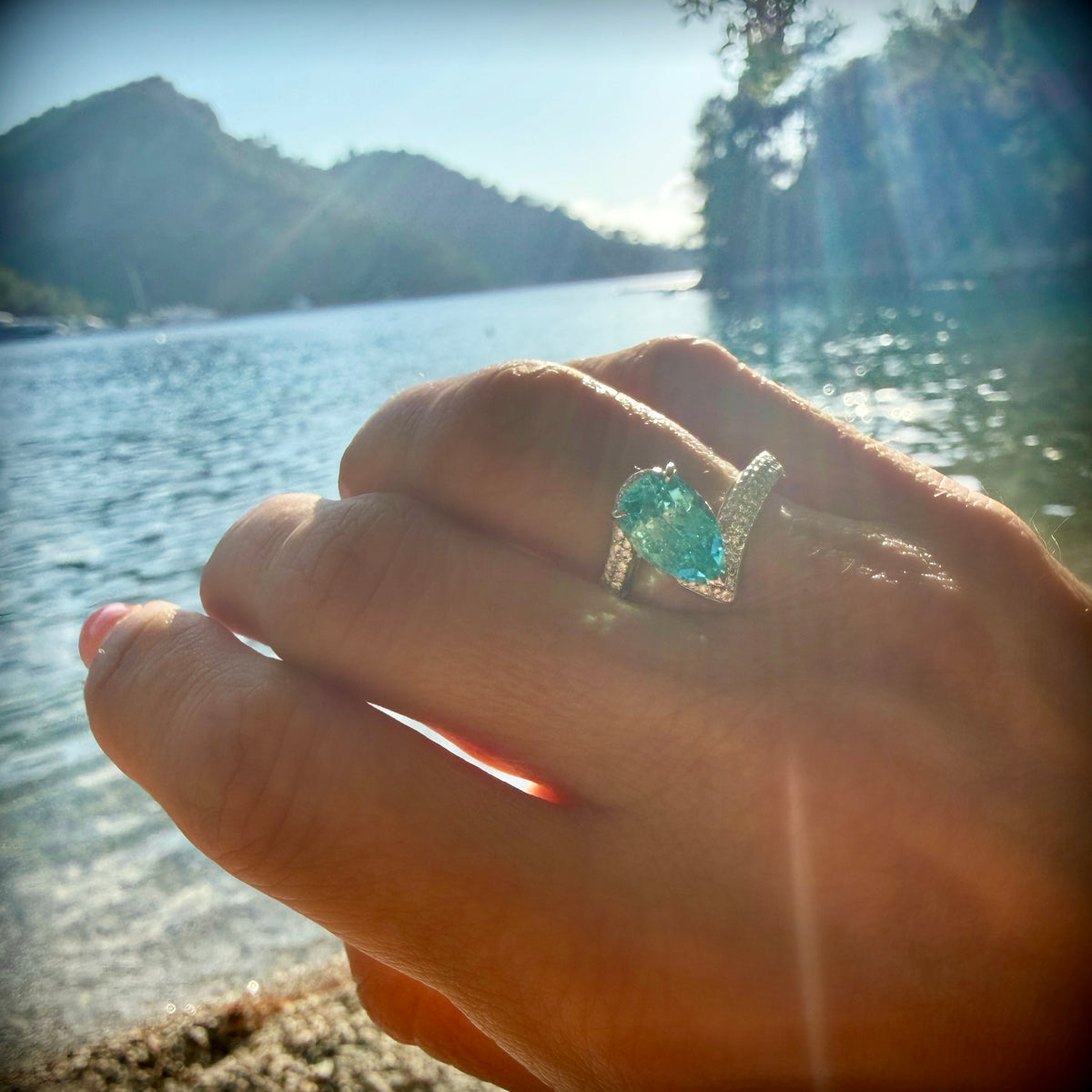 14KT Gold Pear Cut Lab Paraiba Tourmaline Bespoke Ring