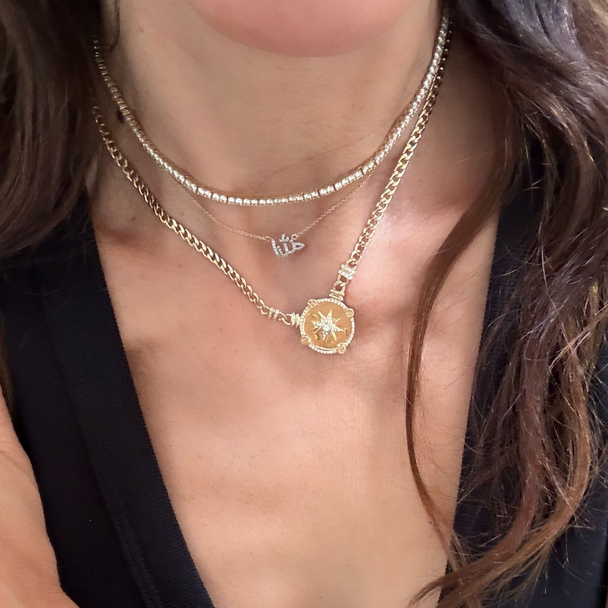 14KT Gold Diamond Star Disc on Cuban Chain Necklace