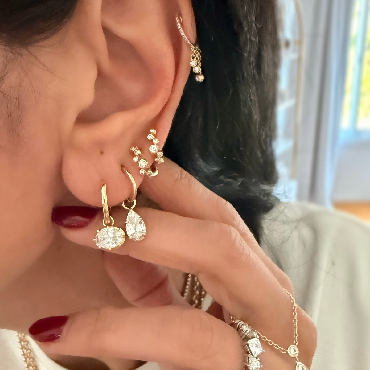 14KT Gold 2ct East-West Oval Lab Diamond Georgian  Huggie Earrings