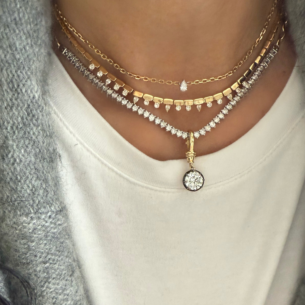 14KT Gold 2ct Round Lab Diamond Georgian Lobster Bail Pendant Charm