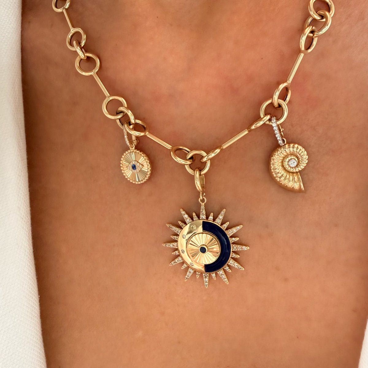 14KT Gold Diamond Lapis Sunburst Pendant Charm