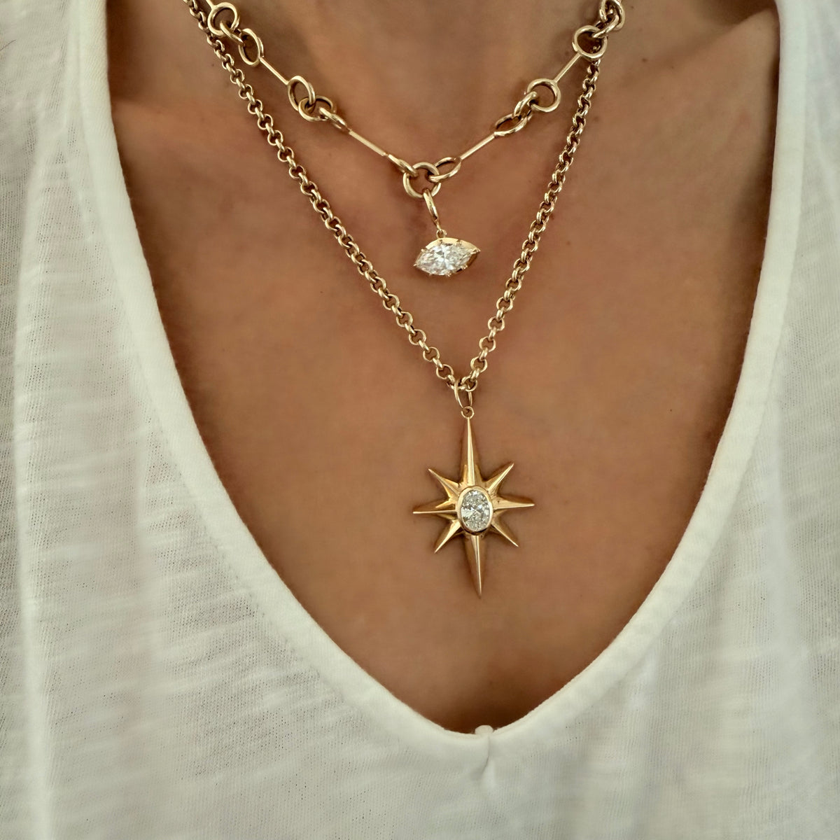 14KT Gold Large Star with 1.25ct Oval Lab Diamond Pendant Charm