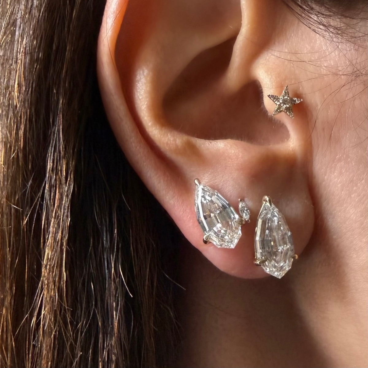 14KT Gold 7ct Step Cut Pear Lab Diamond Stud Earrings