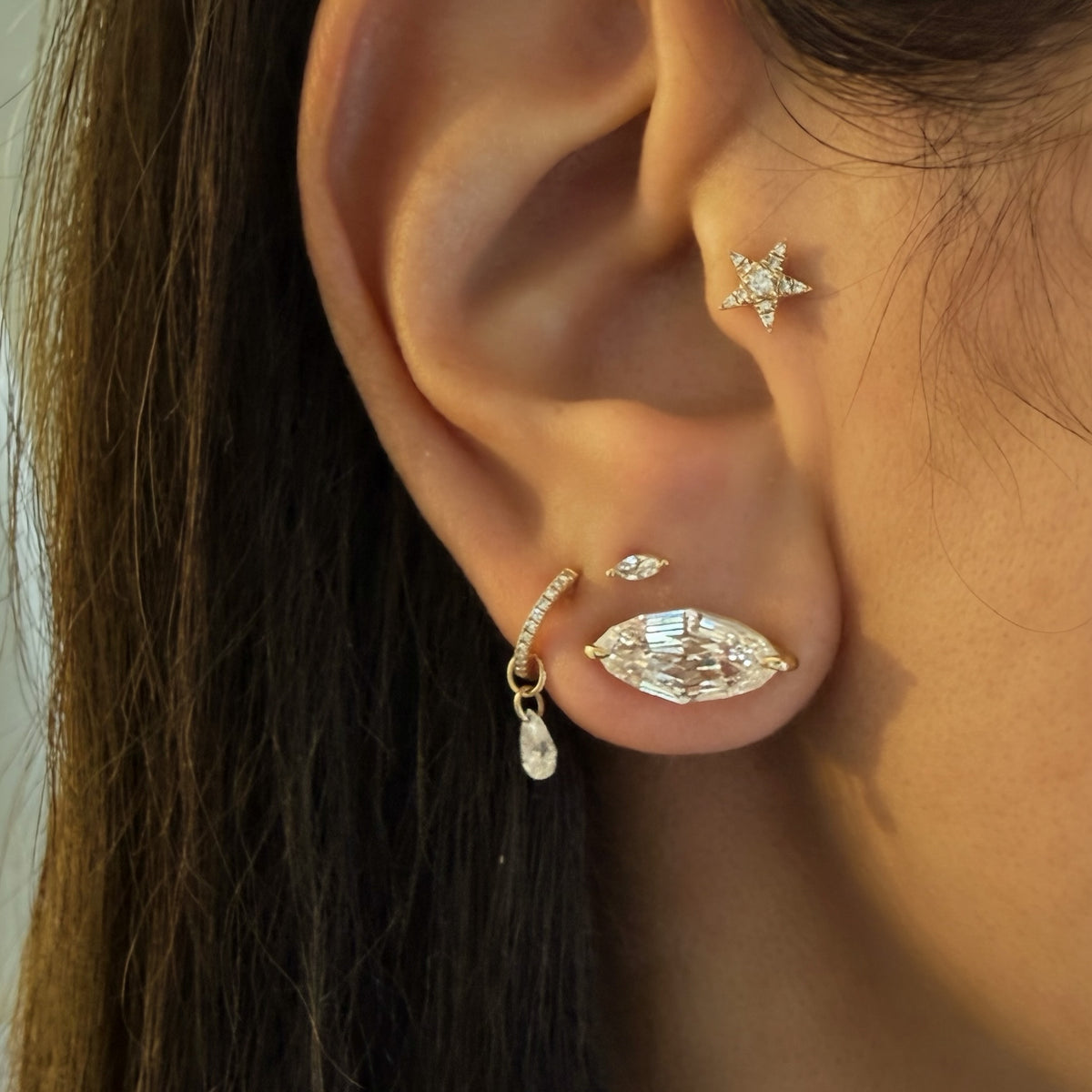 14KT Gold 6ct Step Cut Marquise Lab Diamond Stud Earrings