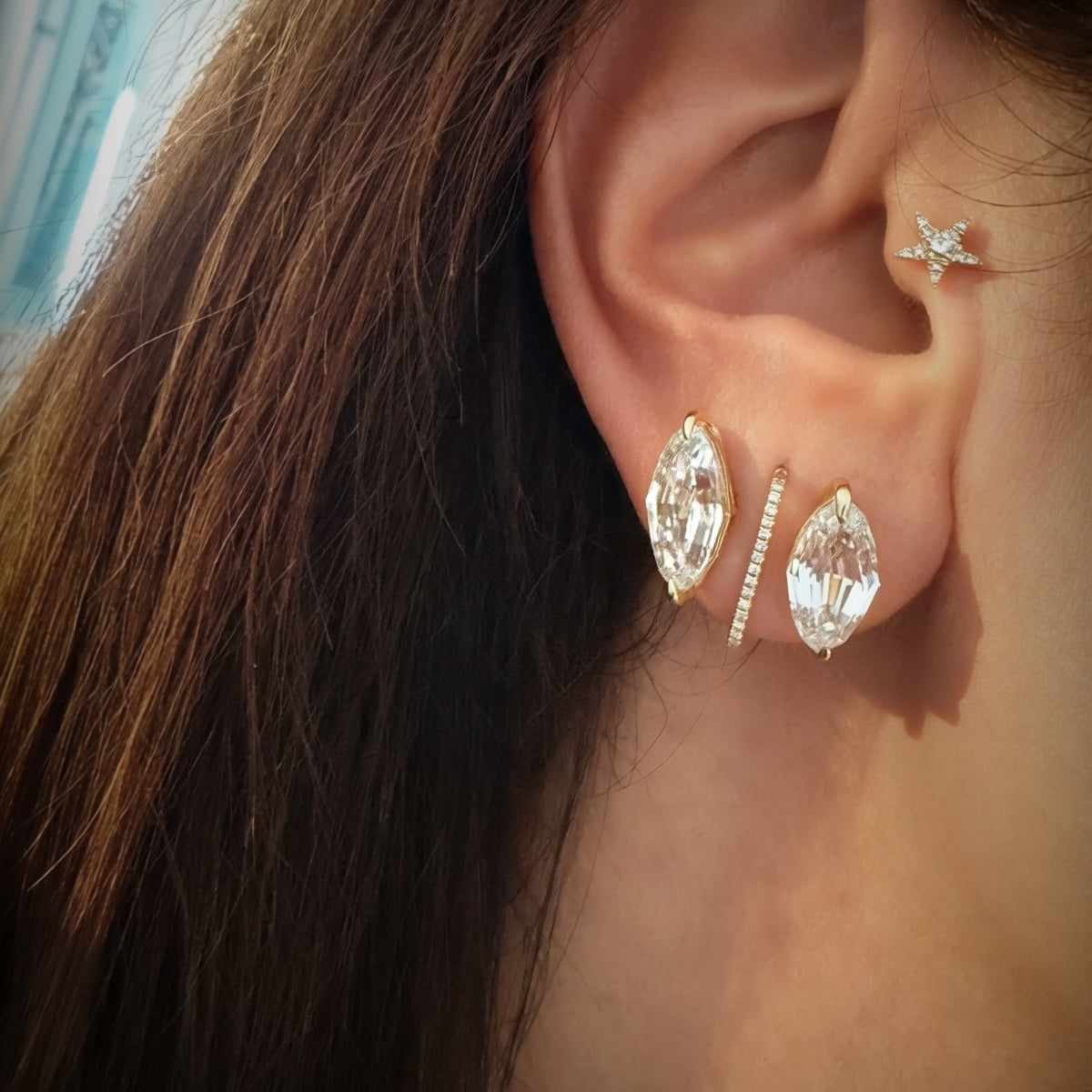 14KT Gold 6ct Step Cut Marquise Lab Diamond Stud Earrings