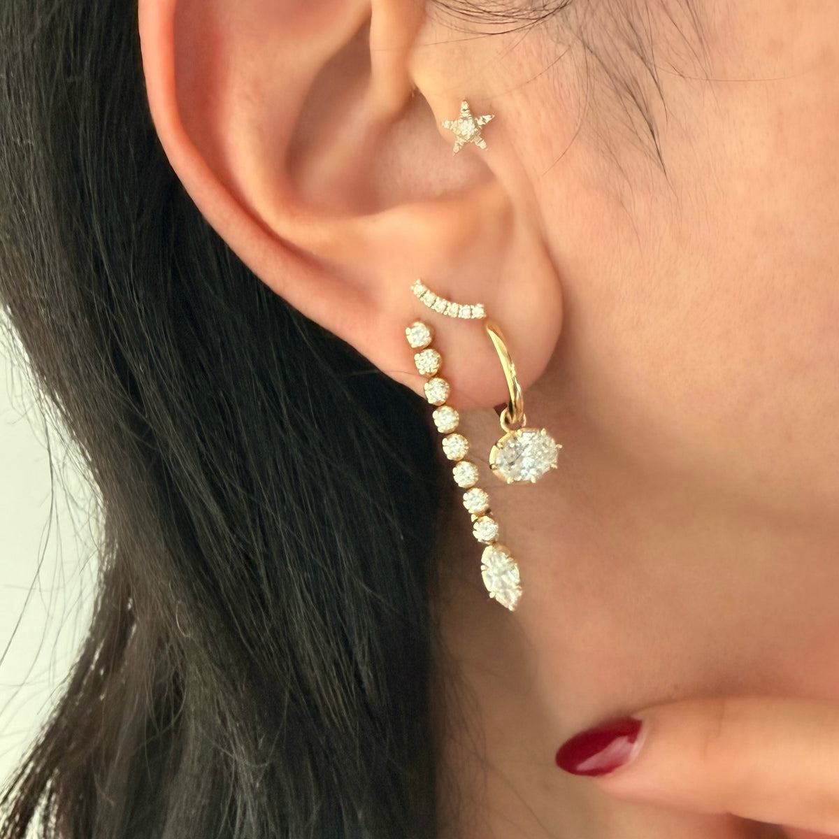 14KT Gold 2ct East-West Oval Lab Diamond Georgian  Huggie Earrings