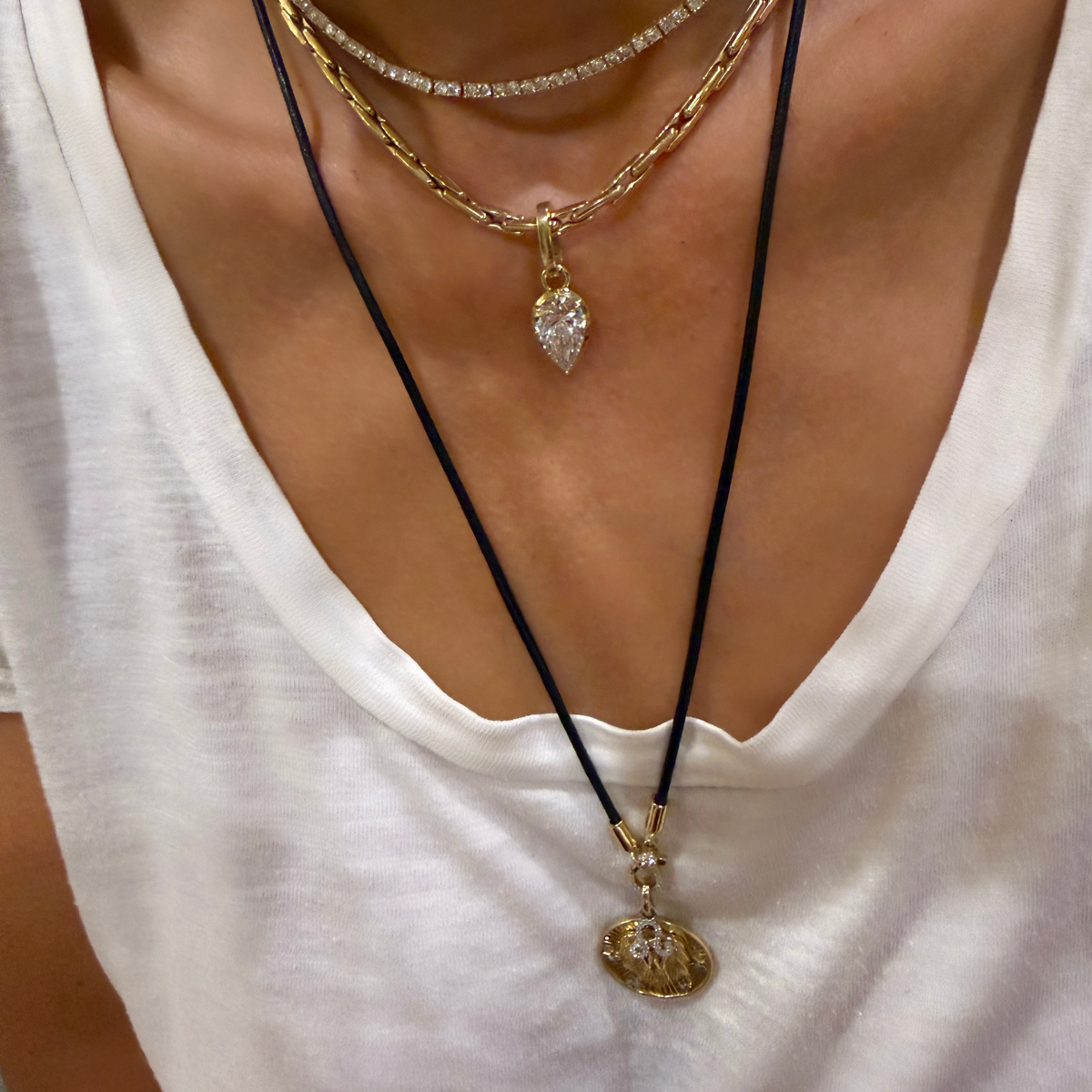 14KT Gold Diamond Long Leather Cord Chain Necklace