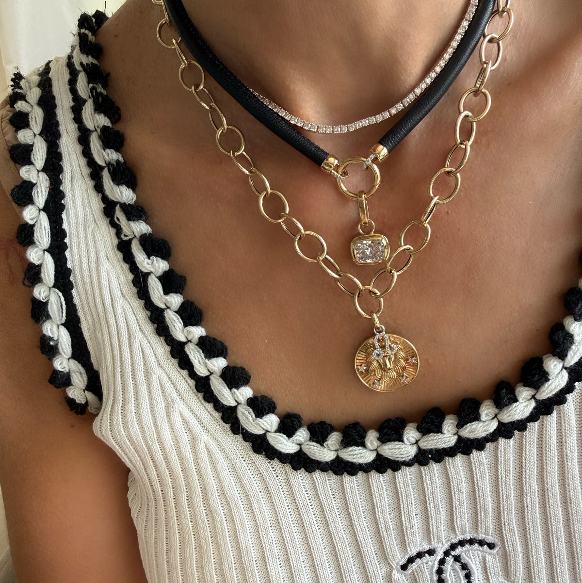 14KT Gold Diamond Lourdes Leather Choker Necklace