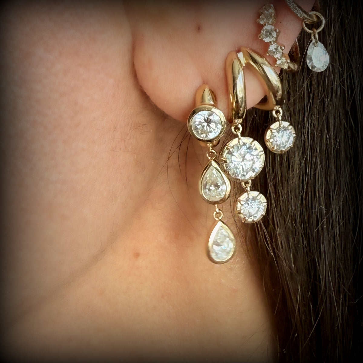 14KT Gold 2.70ct Multi-Shape Lab Diamond Drop Huggie Earrings