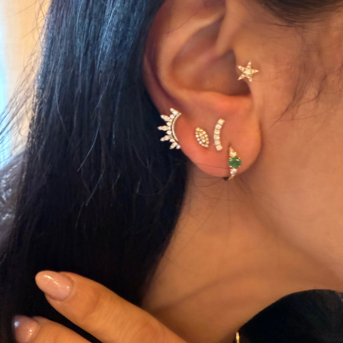 14KT Gold Diamond Emerald Jane Huggie Earrings
