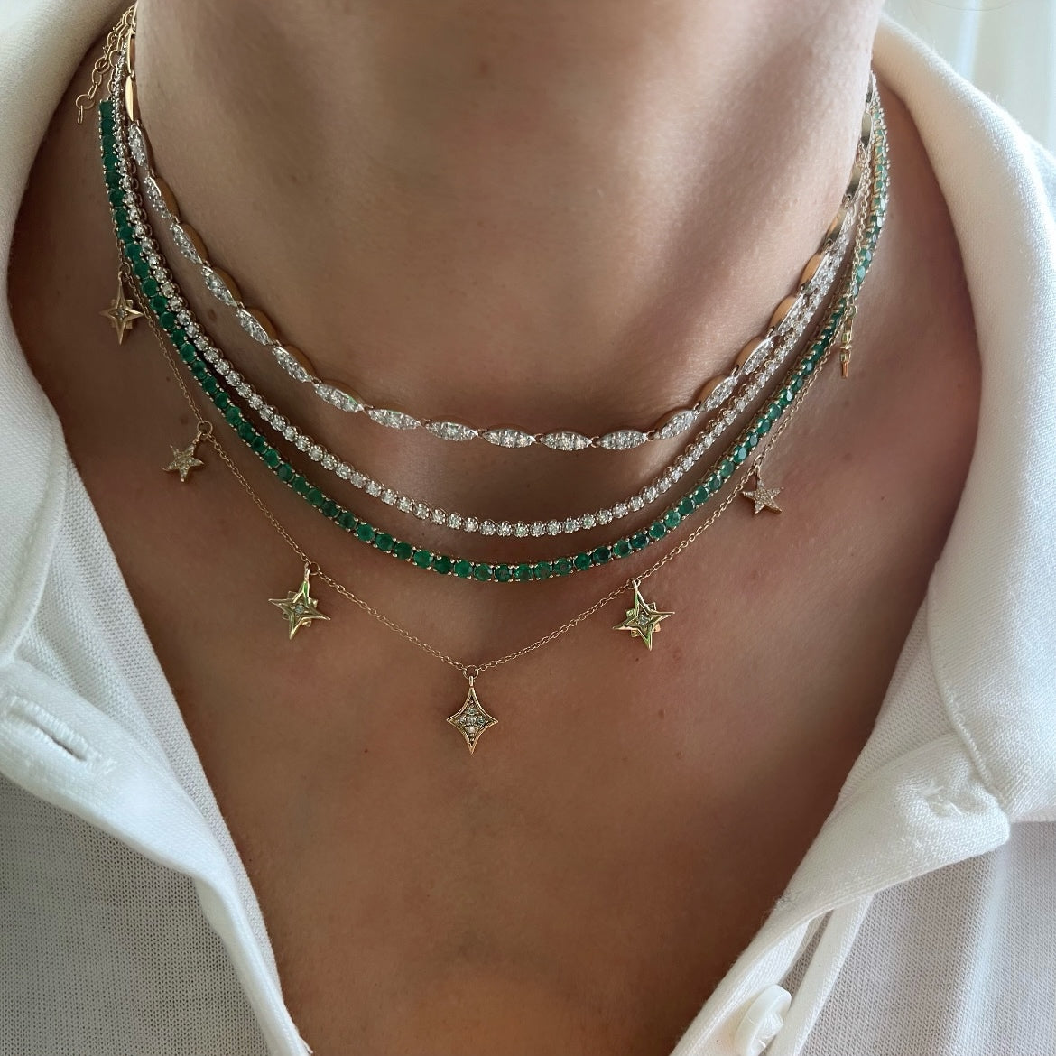 14KT Gold Diamond Dangling Stars Necklace